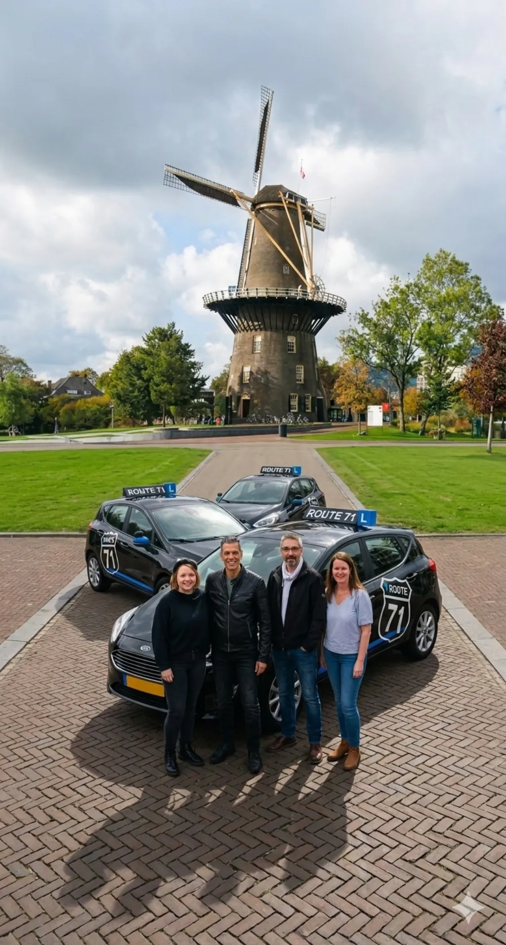 Team van Rijschool Route 71 in 2026 met drie lesauto's voor de molen in Leiden